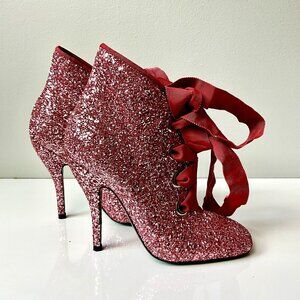 Ermanno Scervino Pink Glitter Lace-Up Ankle Boots EU 38 Italy